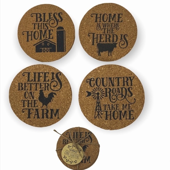 Cork Coaster Set Farmhouse Country Farm Phrases Natural Cork 4 Piece NEW - Picture 1 of 16